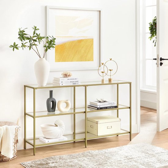 Luxe Consoletafel met Goudkleurig Metalen Frame en 3 Niveaus van Gehard Glas – foto 5