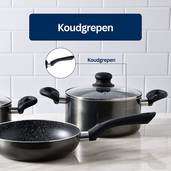 Complete Pannenset Inductie met Glazen Deksel - 3-Delig Zwart – foto 6