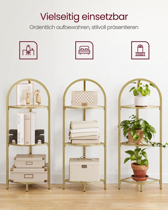 Elegante Hoekplank met Drie Glazen Niveaus – Goud metallic – foto 6