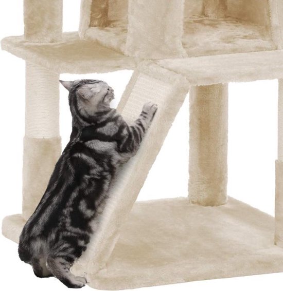 Luxe Krabpaal met Kattenhuis en Mand - Beige Fluweel – foto 2