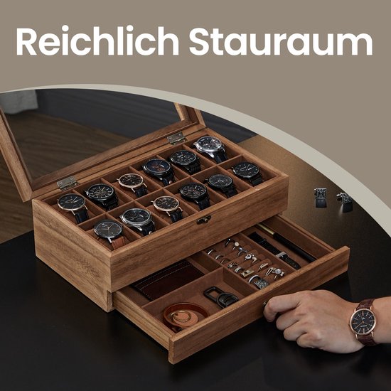 Luxe Houten Horlogedoos met Glazen Deksel voor 12 Horloges – foto 6
