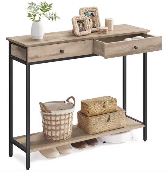 Stijlvolle Haltafel met 2 Lades - Beige Houtlook & Zwart Metaal - 100x30x80cm – foto 2