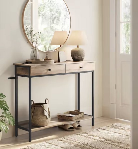 Stijlvolle Haltafel met 2 Lades - Beige Houtlook & Zwart Metaal - 100x30x80cm – foto 6