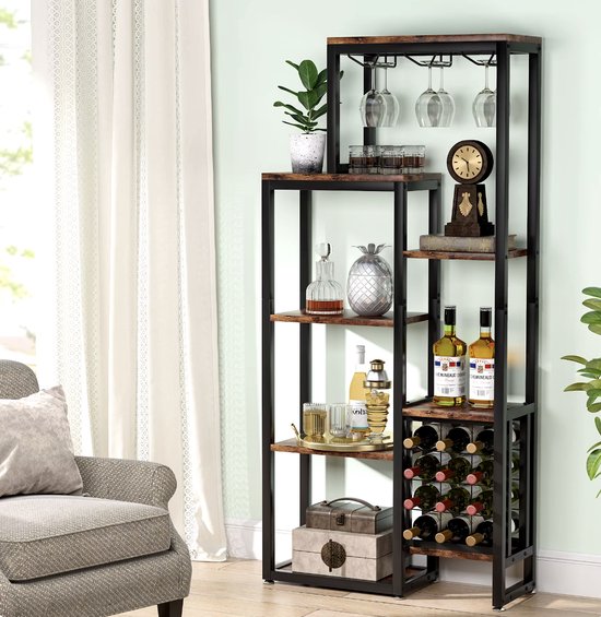 Industriële Wijnkast met Glazenhouders - Bruin Hout & Zwart Metaal – foto 1