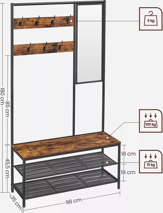 Industriële Kapstok met Schoenenrek en Spiegel - Ruimtebesparend Design – foto 1