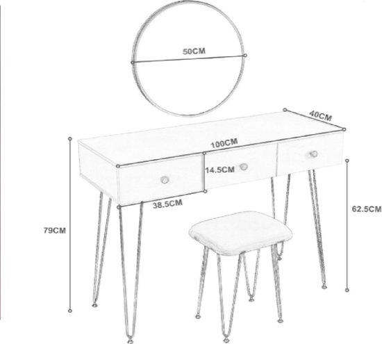 Luxe Kaptafel Set met 360° Draaibare Spiegel, 3 Lades en Fluwelen Kruk – foto 2