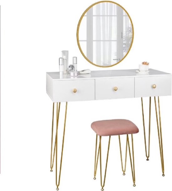 Luxe Kaptafel Set met 360° Draaibare Spiegel, 3 Lades en Fluwelen Kruk – foto 5