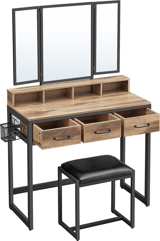 Elegante Kaptafel met Drievoudige Spiegel, Opbergruimte en Comfortabele Kruk – foto 3