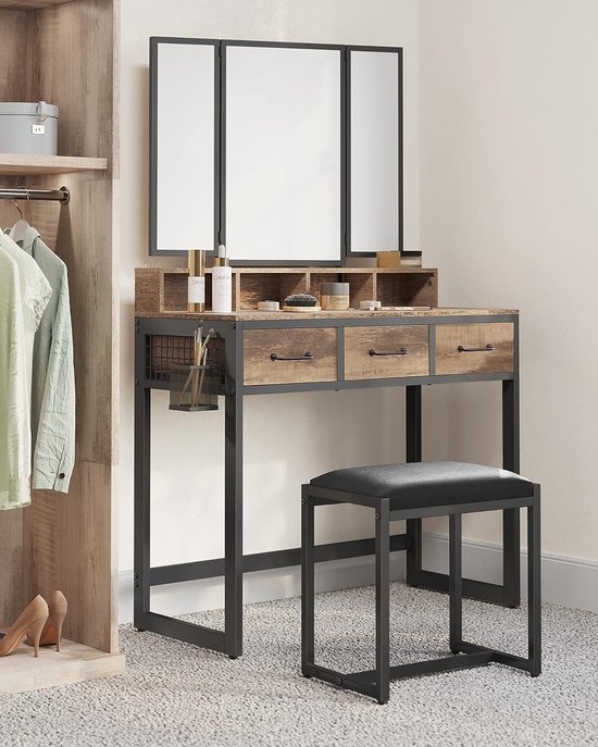 Elegante Kaptafel met Drievoudige Spiegel, Opbergruimte en Comfortabele Kruk – foto 5