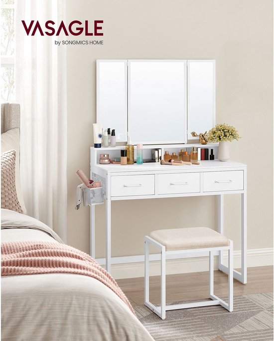 Elegante kaptafel met drievoudige spiegel en comfortabele kruk – foto 3
