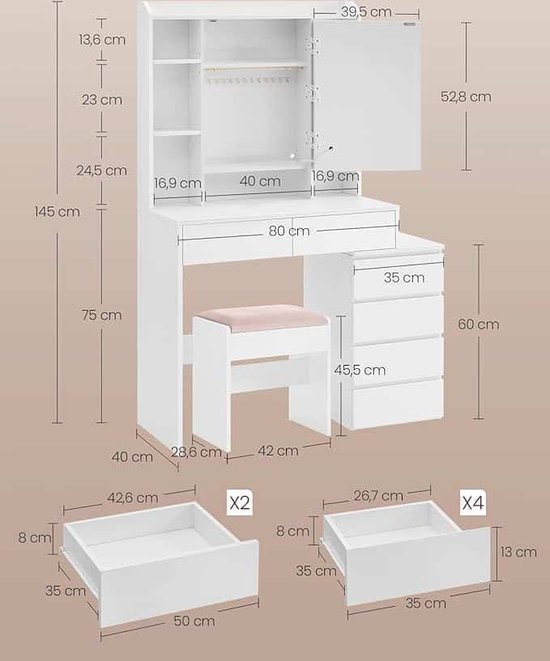 Moderne Kaptafel met LED-Verlichting, Spiegel, Laden en Opbergruimte - Wit – foto 1