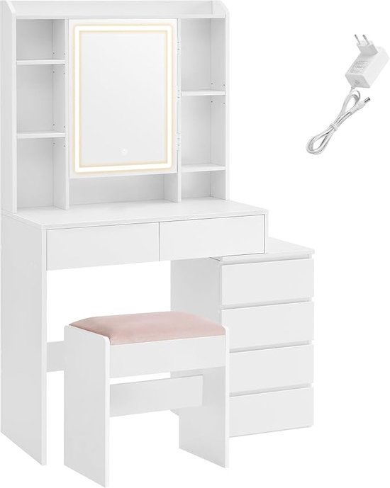 Moderne Kaptafel met LED-Verlichting, Spiegel, Laden en Opbergruimte - Wit – foto 3