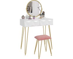 Witte Toilettafel met Spiegel, Verlichting en Fluweelzacht Krukje – foto 2