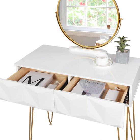 Witte Toilettafel met Spiegel, Verlichting en Fluweelzacht Krukje – foto 4