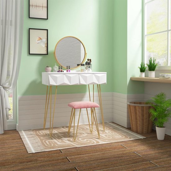 Witte Toilettafel met Spiegel, Verlichting en Fluweelzacht Krukje – foto 5