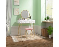 Witte Toilettafel met Spiegel, Verlichting en Fluweelzacht Krukje – foto 6