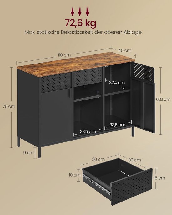Multifunctionele Opbergkast - Bruin met Zwart Metaal en Verstelbare Planken – foto 3
