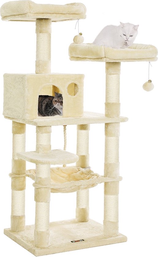 Stabiele Kattenkrabpaal met Uitkijkplatforms en Gezellig Kattenhuis - Beige – foto 1
