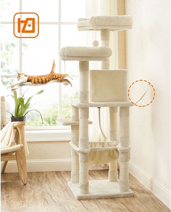 Stabiele Kattenkrabpaal met Uitkijkplatforms en Gezellig Kattenhuis - Beige – foto 3