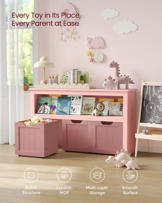 Pastelroze Kinderopbergkast op Wielen - Ideaal voor Speelgoed en Boeken – foto 4