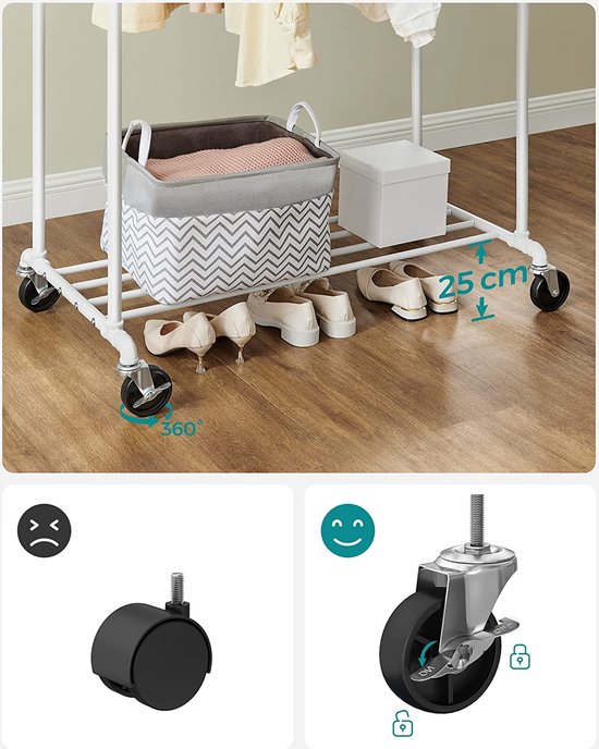 Veelzijdig Kledingrek met Dubbele Stangen en Wielen - Industrieel Design – foto 4