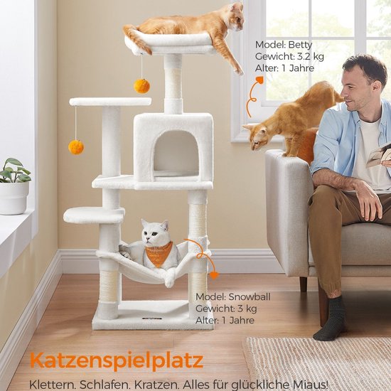 Luxe Kattenkrabpaal met Pluche Zitstok en Sisaltouw – Crème Wit voor 4 Katten – foto 1