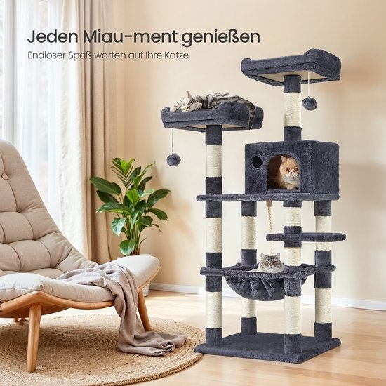 Grote Kattenkrabpaal met Speelmogelijkheden en Slaapplek - Rookgrijs, 143 cm Hoog – foto 2