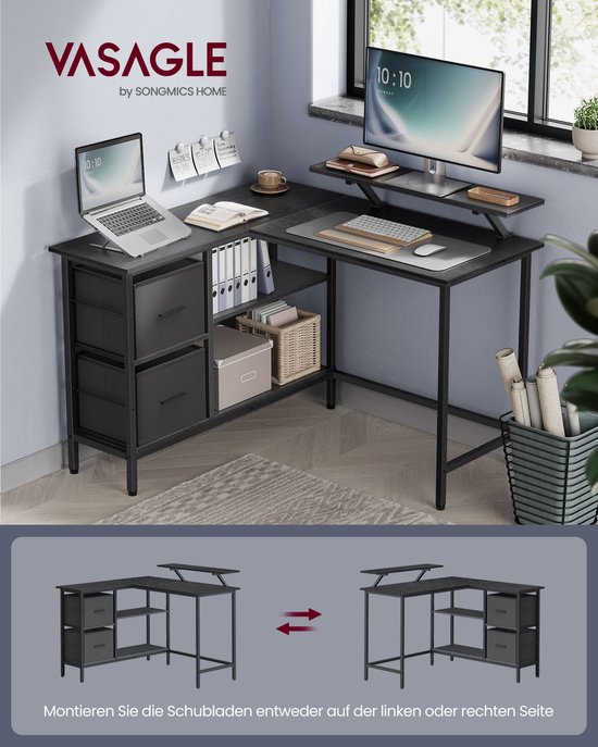 Veelzijdig L-vormig Bureau met Twee Laden en Monitorstandaard - Zwart Ebbenhout – foto 4
