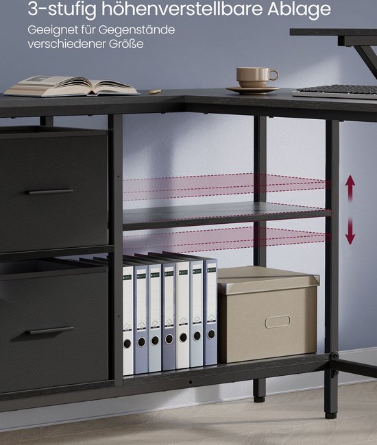 Veelzijdig L-vormig Bureau met Twee Laden en Monitorstandaard - Zwart Ebbenhout – foto 6