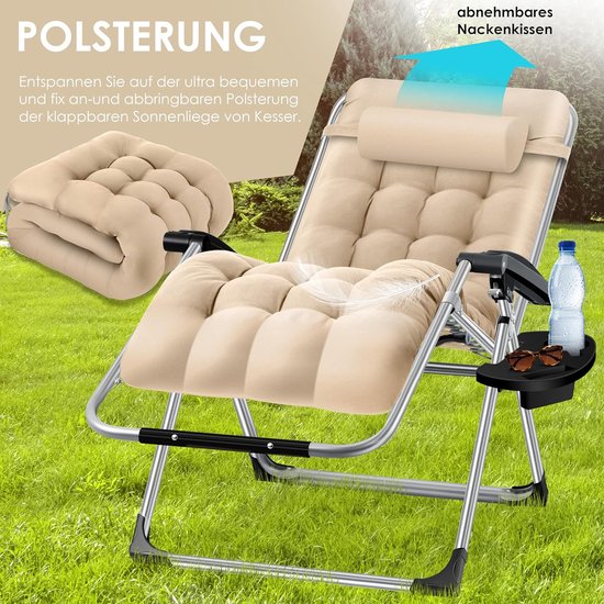 Comfortabele en Verstelbare Ligstoel met Bekerhouder - Beige – foto 4