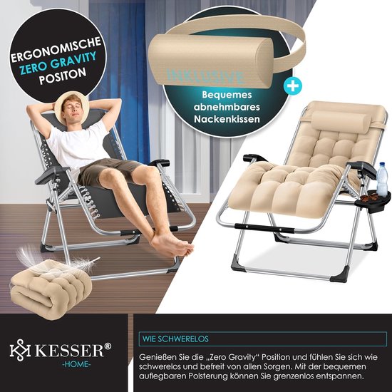 Comfortabele en Verstelbare Ligstoel met Bekerhouder - Beige – foto 6