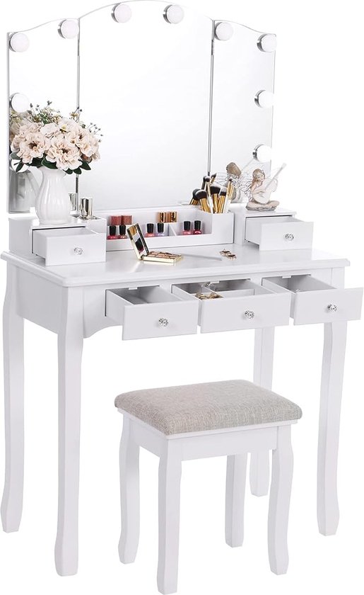 Luxe make-uptafel met drievoudige spiegel en dimbare LED-verlichting – foto 2