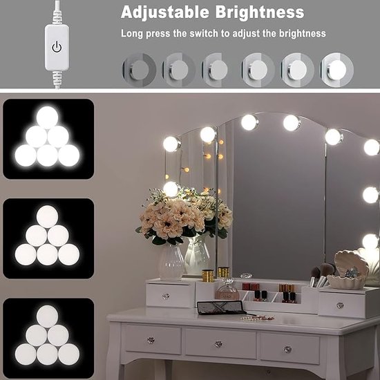 Luxe make-uptafel met drievoudige spiegel en dimbare LED-verlichting – foto 3