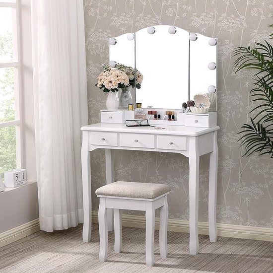 Luxe make-uptafel met drievoudige spiegel en dimbare LED-verlichting – foto 5