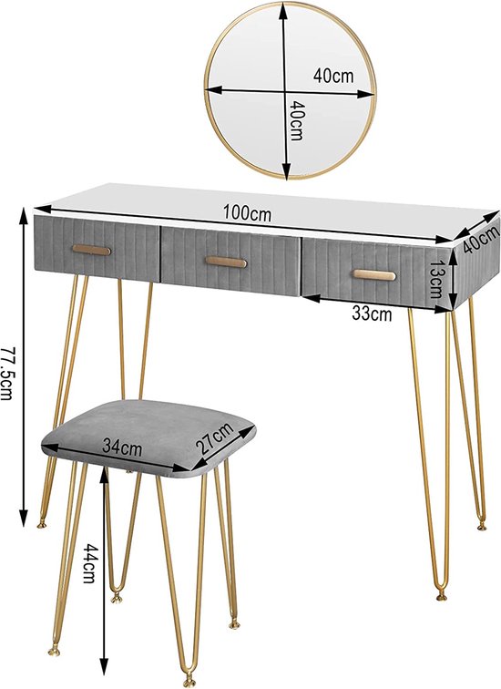 Grijze Kaptafel met Kruk en Spiegel - Modern Design – foto 2