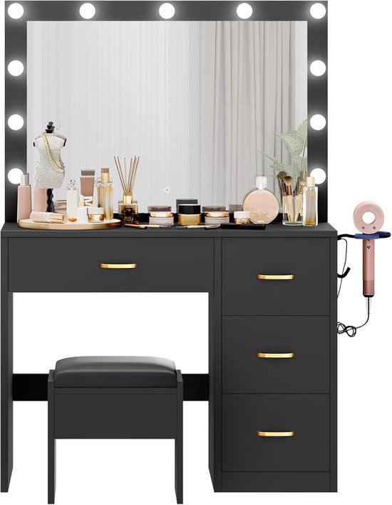 Luxe Kaptafel met Spiegel, Laden, Ingebouwd Laadstation en Verlichting - Zwart – foto 1