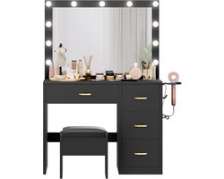 Luxe Kaptafel met Spiegel, Laden, Ingebouwd Laadstation en Verlichting - Zwart – foto 2