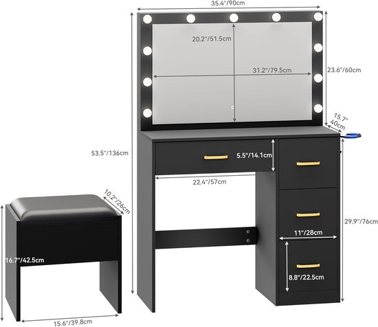 Luxe Kaptafel met Spiegel, Laden, Ingebouwd Laadstation en Verlichting - Zwart – foto 4