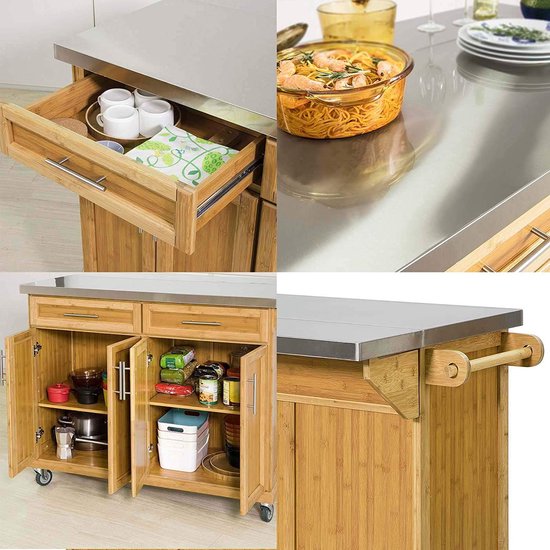 Luxe Keukentrolley met RVS Werkblad - Bruin Bamboe Design - 115 cm – foto 3