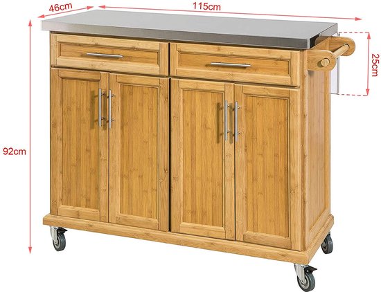Luxe Keukentrolley met RVS Werkblad - Bruin Bamboe Design - 115 cm – foto 6