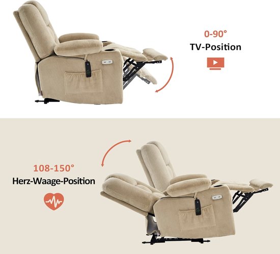 Luxe Relaxstoel met Massagefunctie en USB-aansluiting - Beige Stof – foto 3