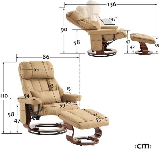 Luxe Relaxfauteuil met Massagefunctie en Draaibare Kruk - Geel Beige – foto 6