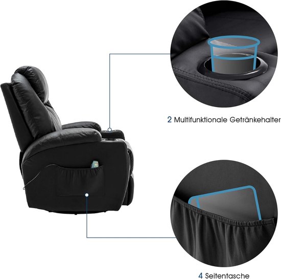 Comfortabele Relaxfauteuil met Massage, Verwarming en Draaifunctie - Zwart Kunstleer – foto 2