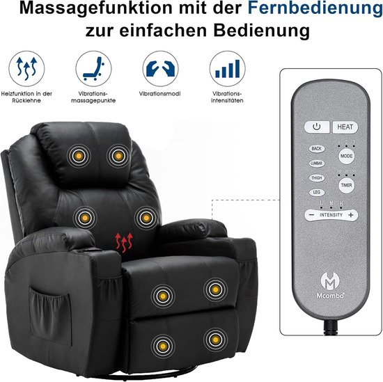 Comfortabele Relaxfauteuil met Massage, Verwarming en Draaifunctie - Zwart Kunstleer – foto 3