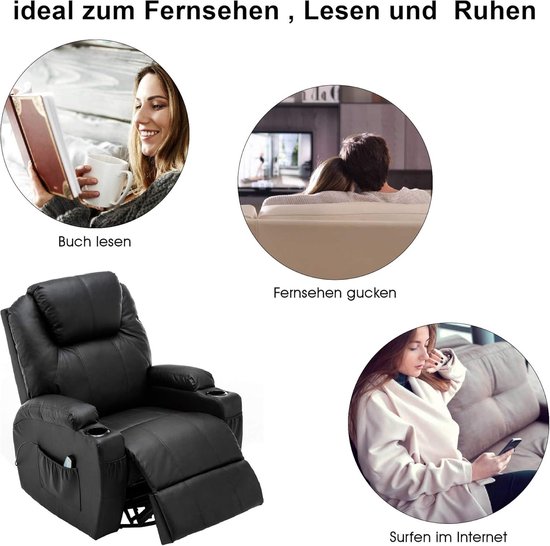 Comfortabele Relaxfauteuil met Massage, Verwarming en Draaifunctie - Zwart Kunstleer – foto 5