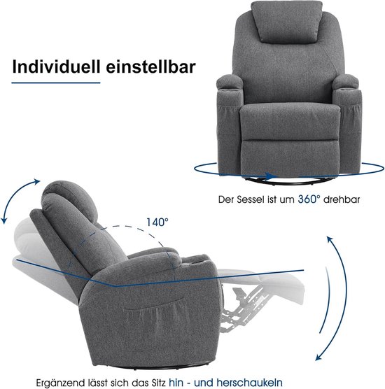 Comfortabele Relaxfauteuil met Massage en Verwarming – Draaibaar – Grijs – foto 2