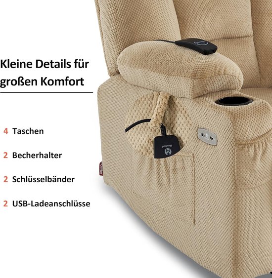 Elektrische Relaxfauteuil met Massage, Verwarming en USB-aansluiting - Beige – foto 3