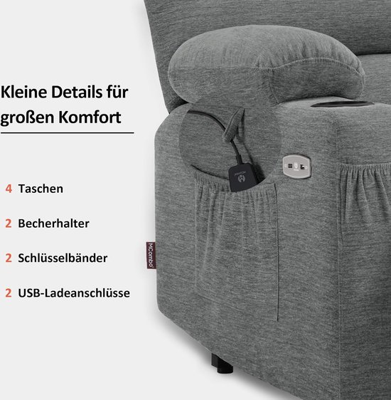 Luxe Relaxfauteuil met Opstahulp, Massage en Verwarming - Grijs Stof – foto 4