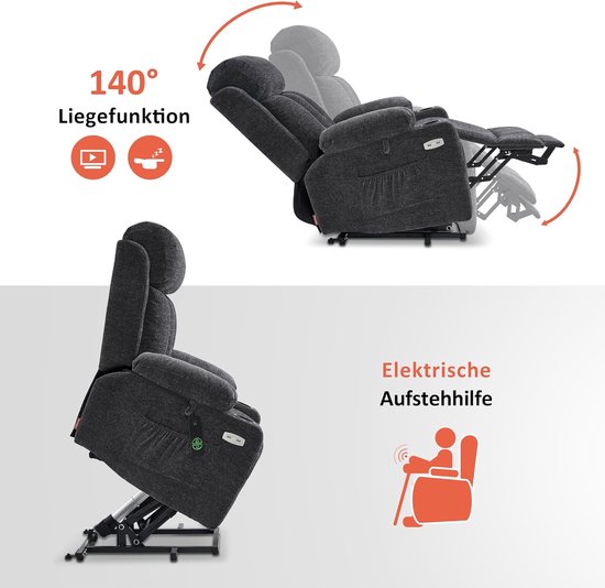 Luxe Elektrische Relaxfauteuil met Sta-Op Functie - Donkergrijs Stof – foto 3