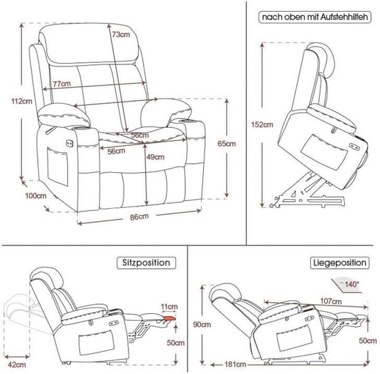 Luxe Elektrische Relaxfauteuil met Sta-Op Functie - Donkergrijs Stof – foto 5